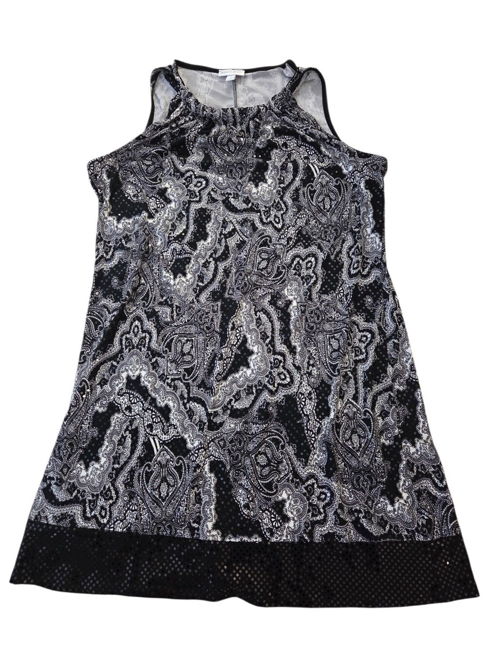 Fashion Bug black/white sleeveless paisley print sequins A-line dress, L. EUC.